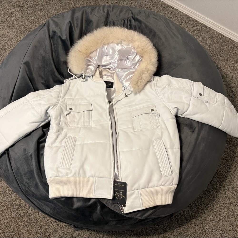 White Fur Hooded real leather jacket